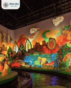 Foto de la atracción It´s a small world en Disney World Orlando. Logo de Mialma Viajes en esquina superior izquierda