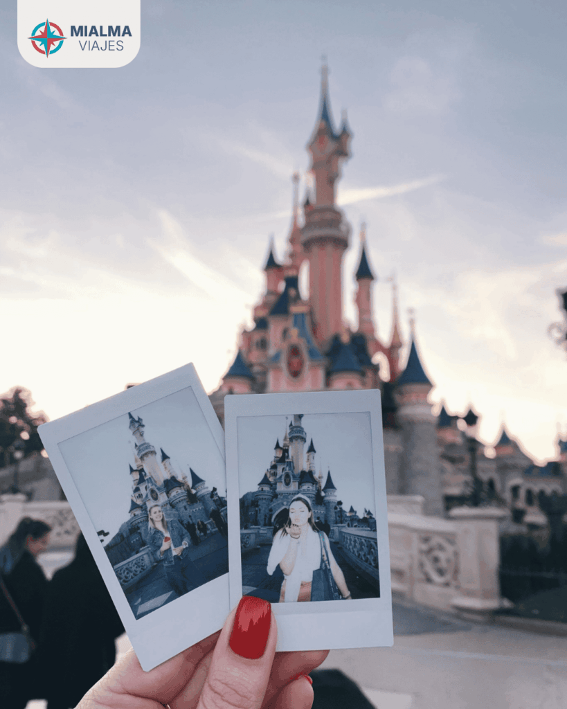 Fotografía con primer plano de fotografías de recuerdos en disney y fondo castillo de parque de disney.