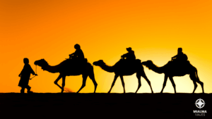 Atardecer con tres camellos montados por tres personas y guiados por un hombre con una cuerda