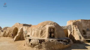 Casas en desierto. Logo de Mialma viajes en la esquina izquierda superior.