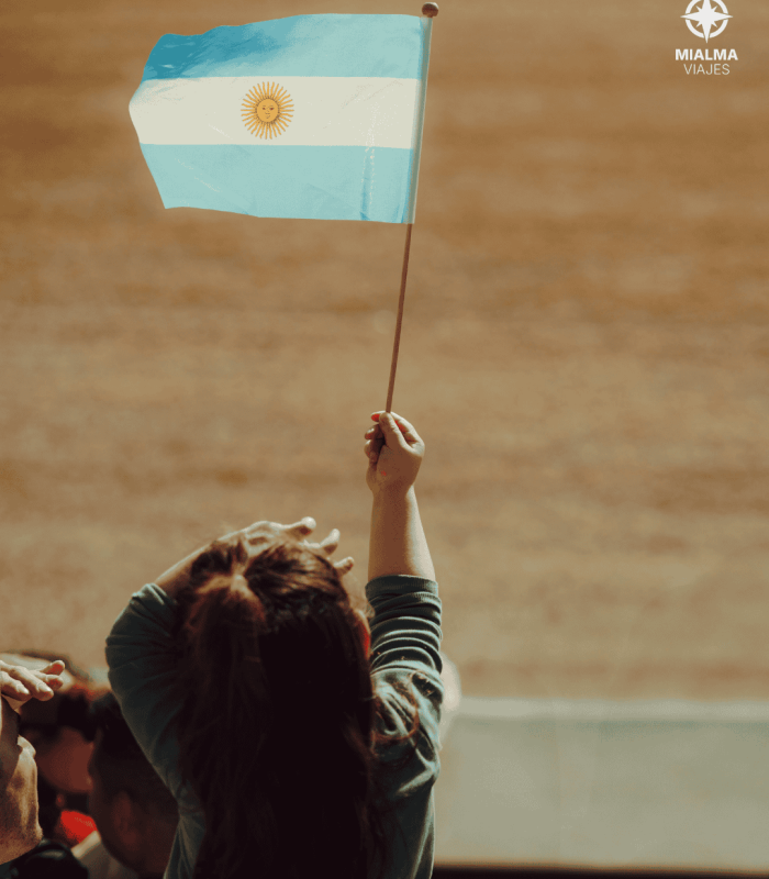 Fotografía de niño de espaldas sujetando la bandera de Argentina. En la esquina superior derecha logo de Mialma Viajes, agencia de viajes especializada en viajes organizados en familia.