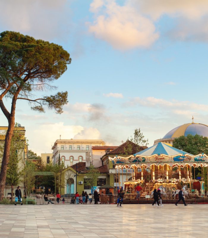 Tirana, Albania. April 2019: The Skanderbeg Square city center of Albanian Capital, people walking main square.